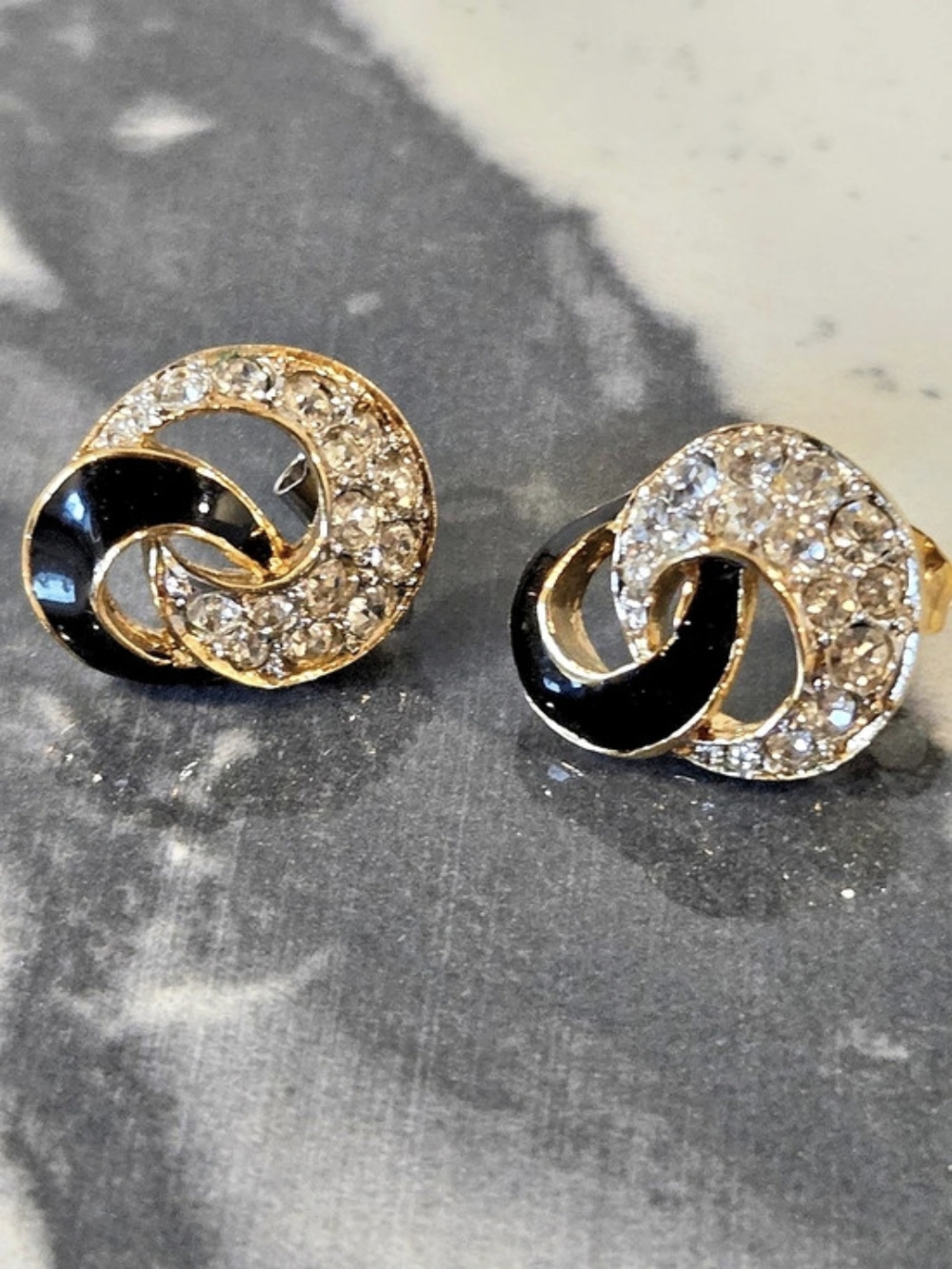 Vintage Gold Tone Black Enamel & Crystal Rhinestone Swirl Stud Earrings